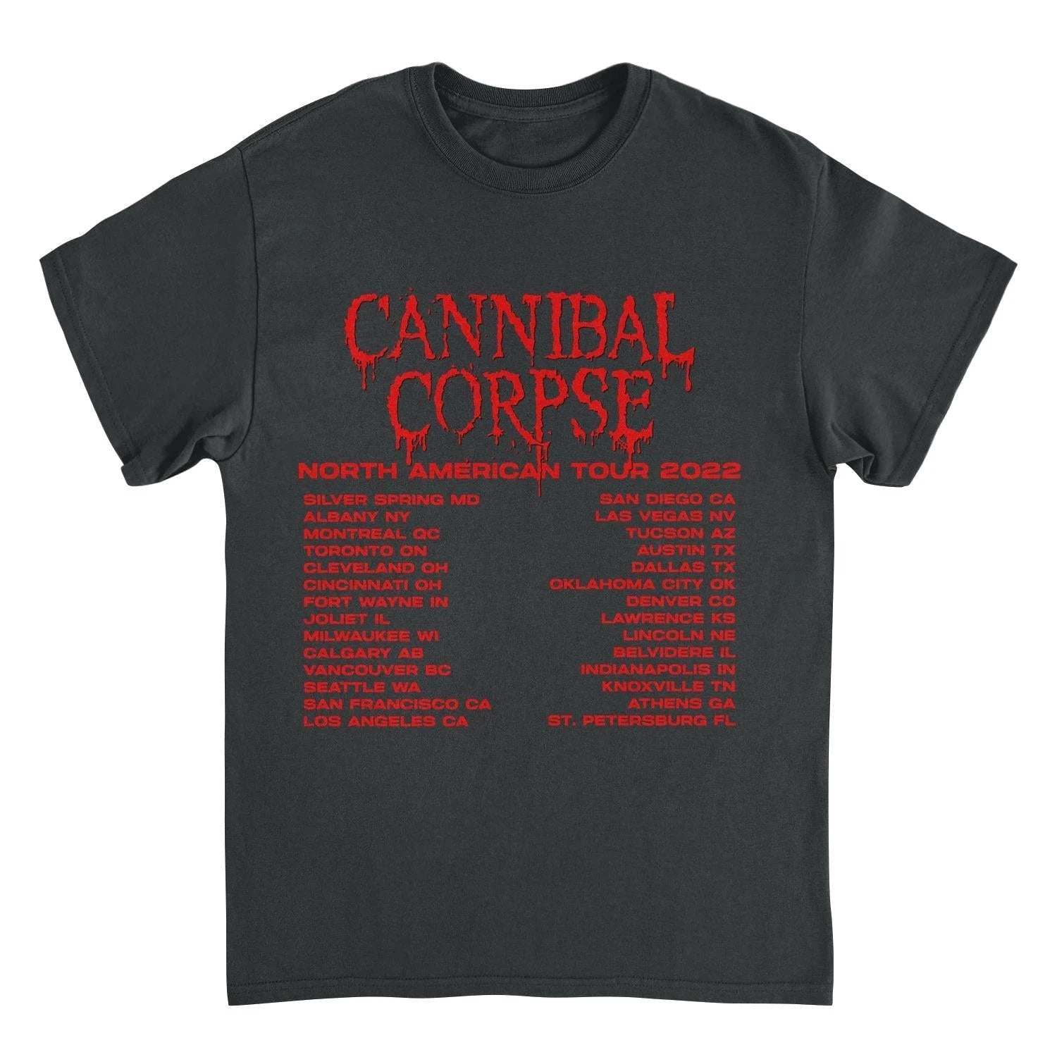 Cannibal Corpse North American Tour 2022 black t-shirt featuring red dripping logo and death metal tour dates design