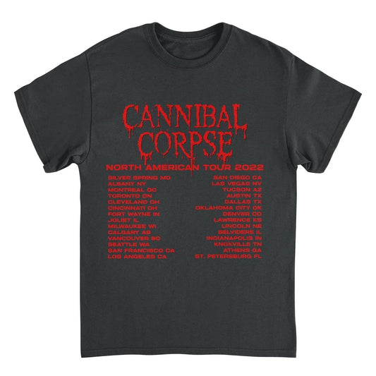 Cannibal Corpse North American Tour 2022 black t-shirt featuring red dripping logo and death metal tour dates design