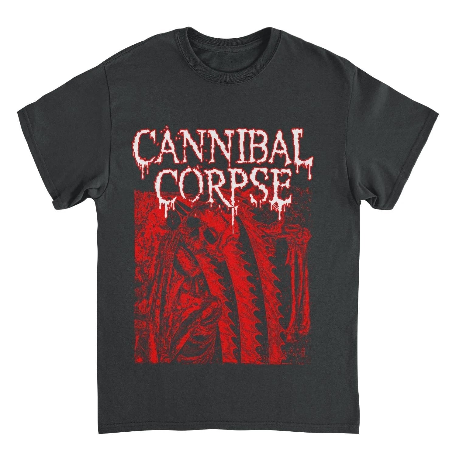 Cannibal Corpse Saw Face t-shirt black death metal band graphic tee with red skeleton saw blade design front print