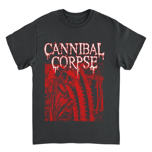 Cannibal Corpse Saw Face t-shirt black death metal band graphic tee with red skeleton saw blade design front print