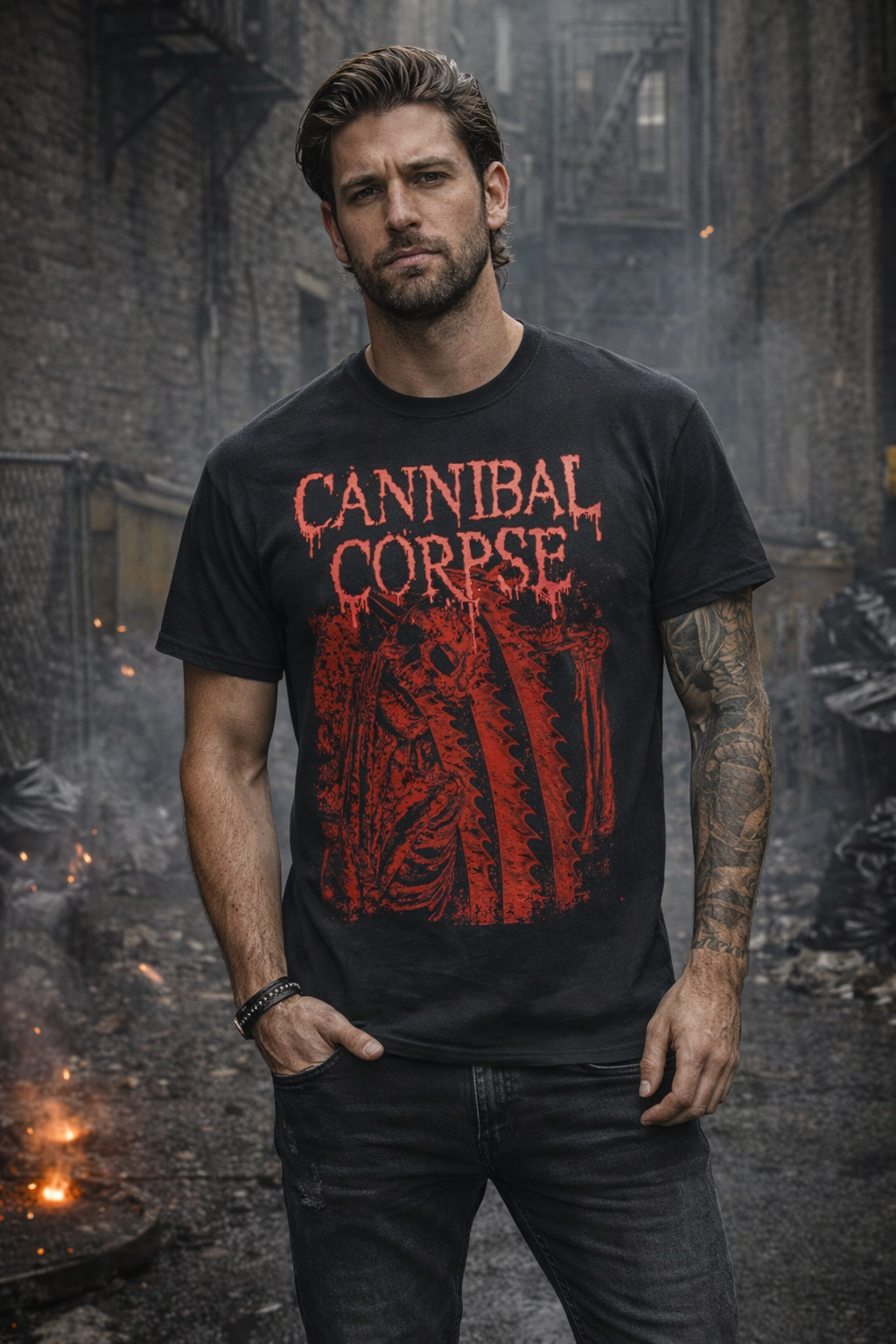 male model wearing Cannibal Corpse Saw Face t-shirt black death metal band graphic tee with red skeleton saw blade design front view