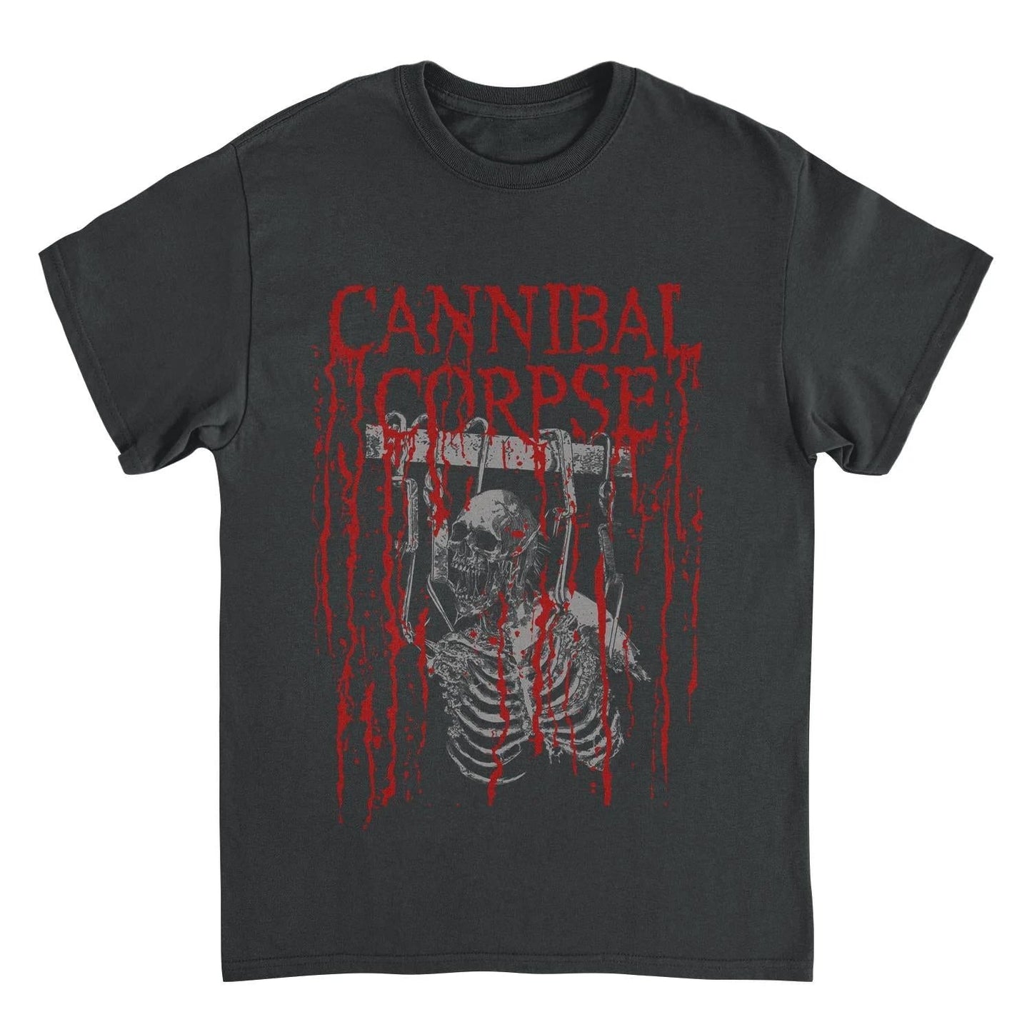 Cannibal Corpse black t-shirt featuring dripping red logo and distressed skeleton graphic in underground death metal style