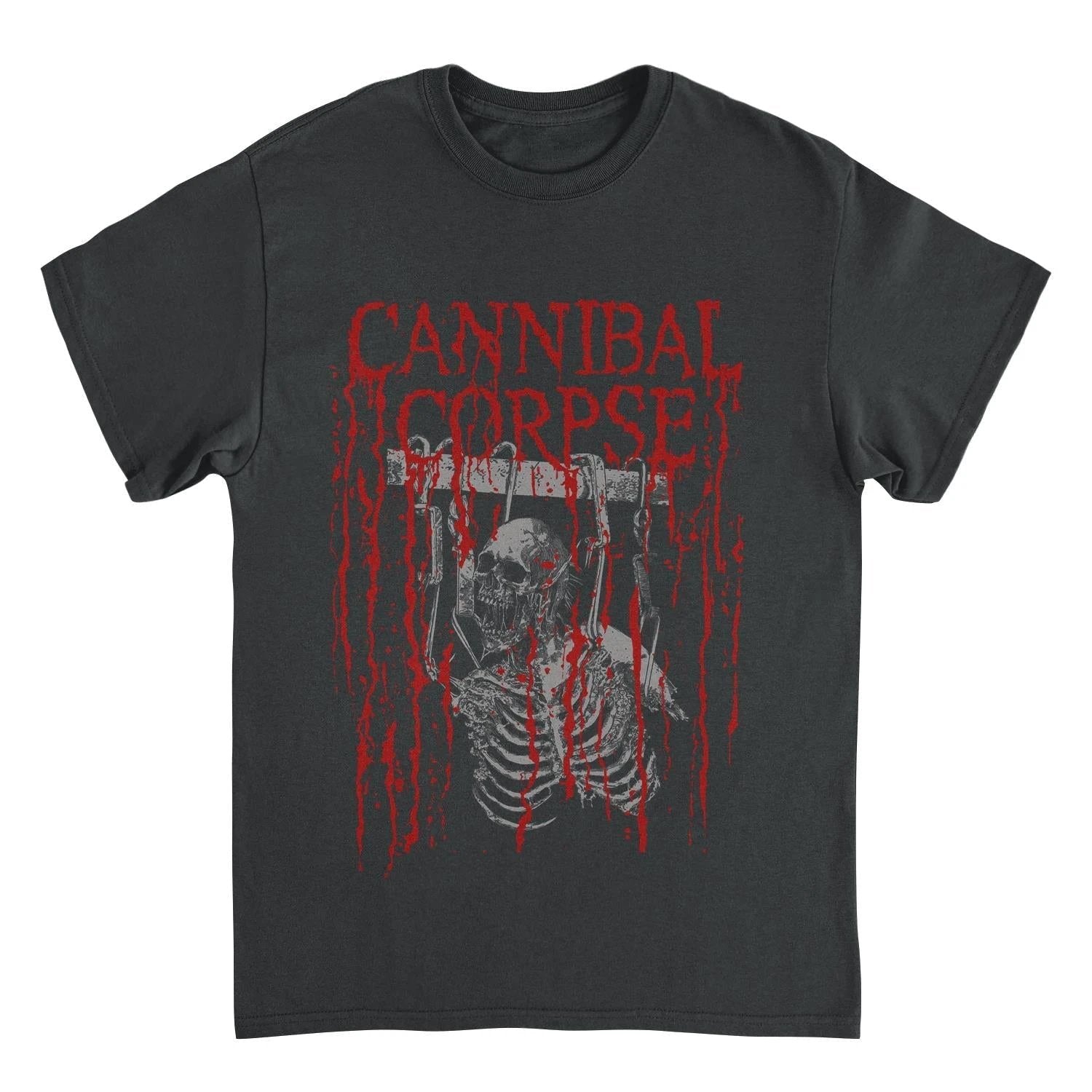 Cannibal Corpse black t-shirt featuring dripping red logo and distressed skeleton graphic in underground death metal style