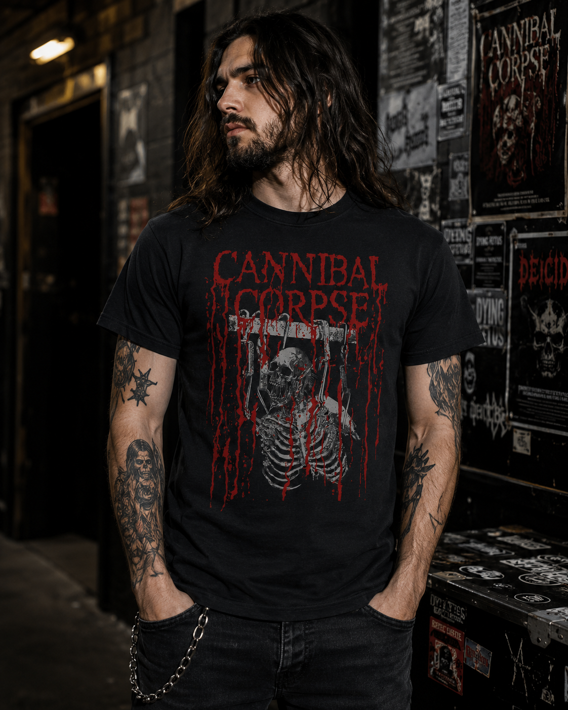 Male model wearing Cannibal Corpse Skeleton Logo black t-shirt in gritty backstage metal concert setting