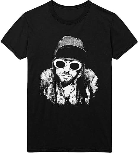Black t-shirt with a graphic of a person wearing sunglasses and a hat on a white background