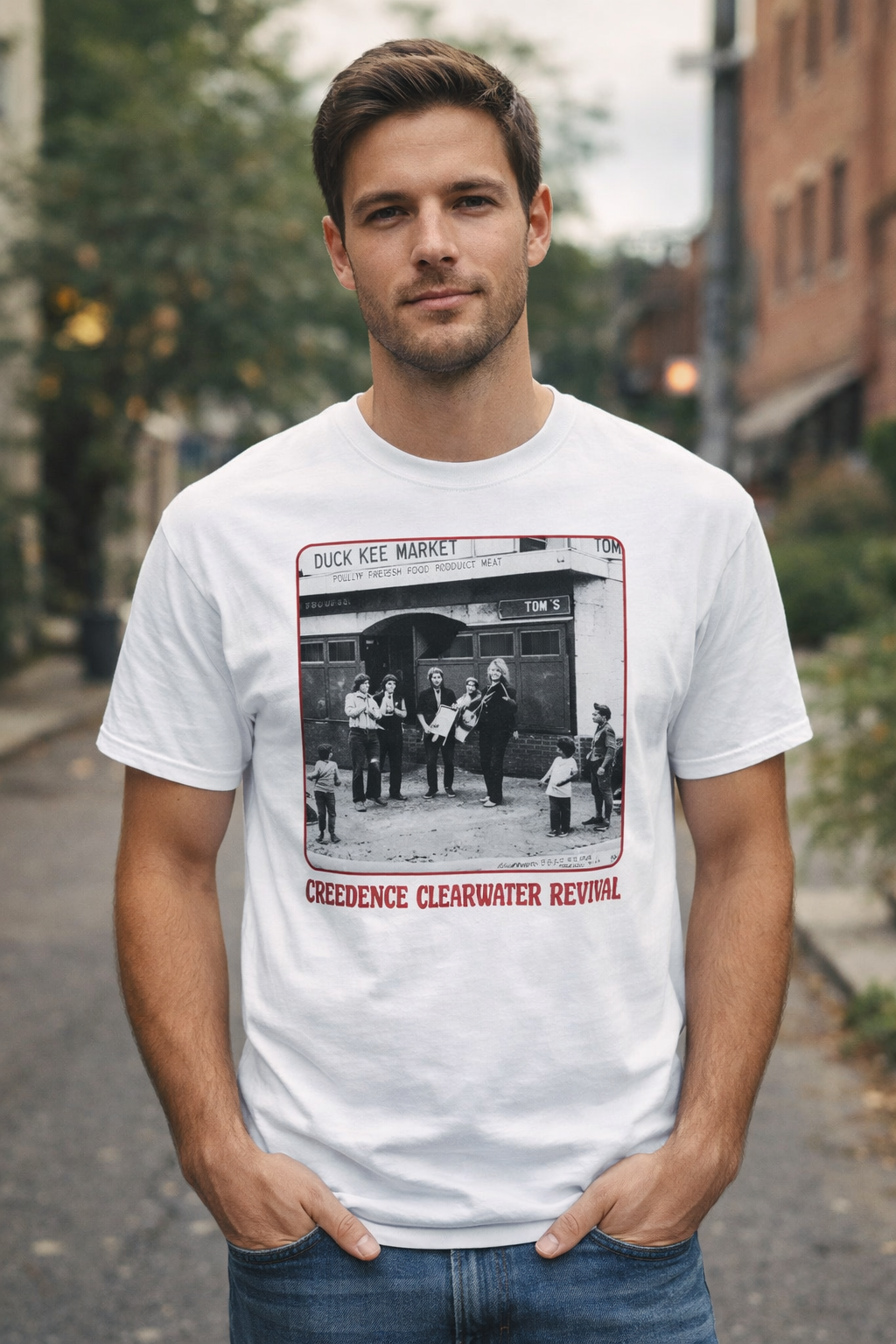 male model wearing Creedence Clearwater Revival band photo white t shirt vintage CCR classic rock band tee lifestyle image