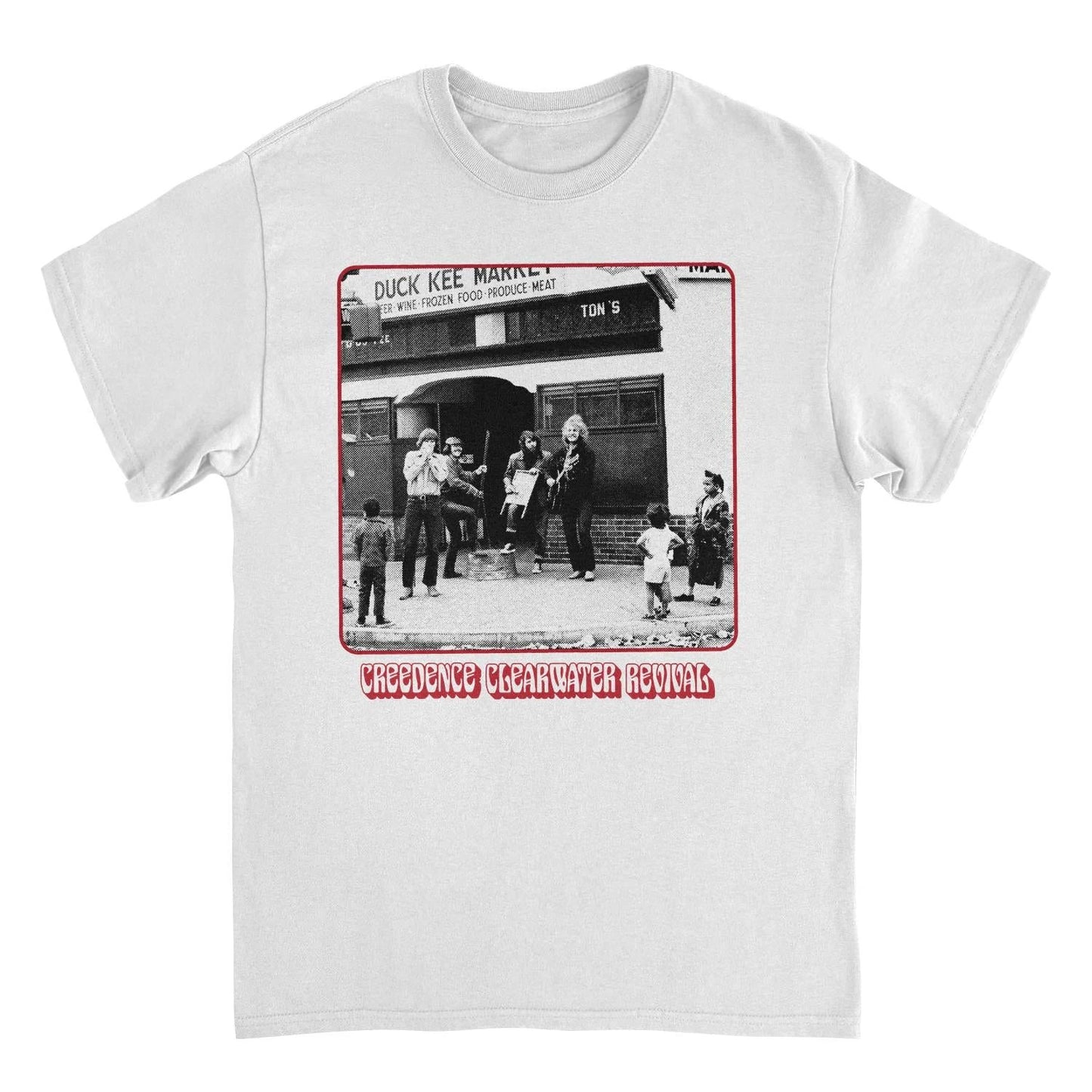 Creedence Clearwater Revival band photo white t shirt featuring vintage CCR group image classic rock band tee