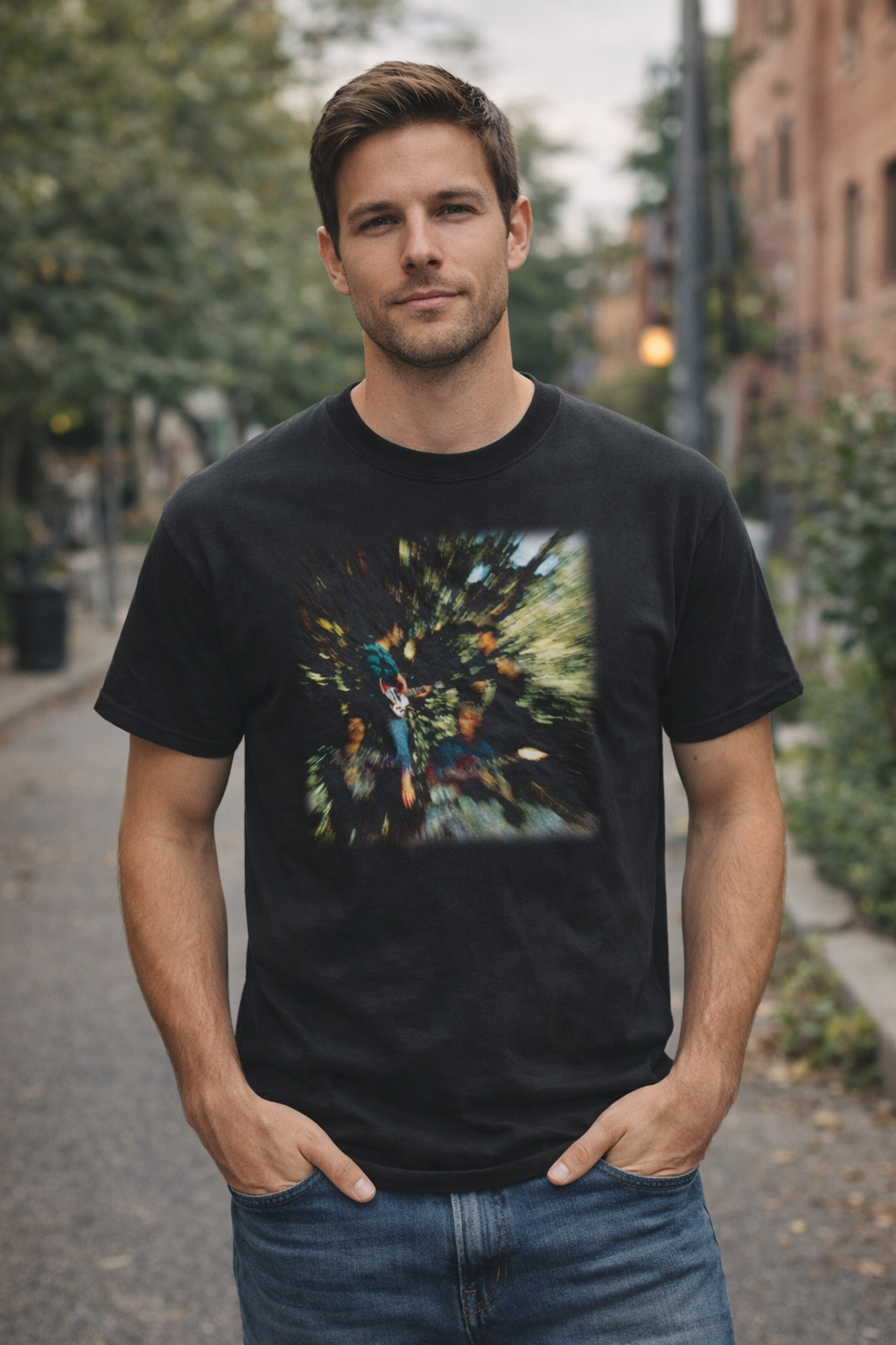 male model wearing Creedence Clearwater Revival zoom blur black t shirt CCR classic rock band tee lifestyle image