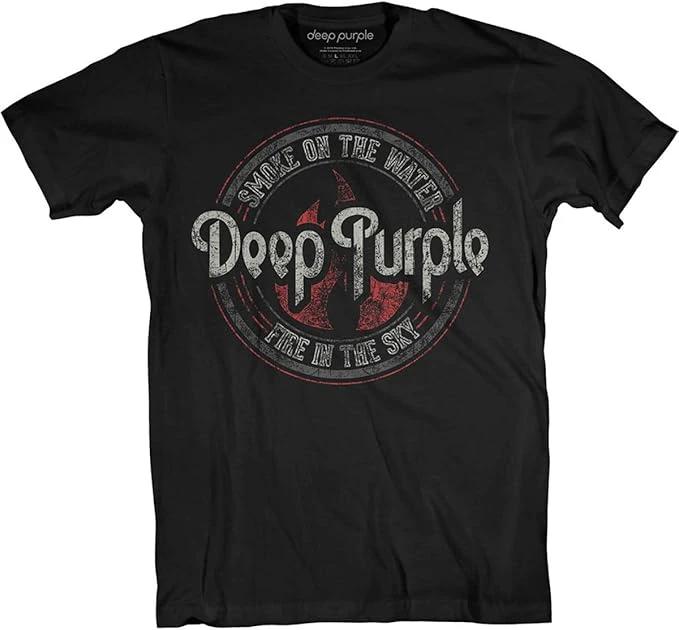 Black t-shirt with Deep Purple band logo and text on a white background