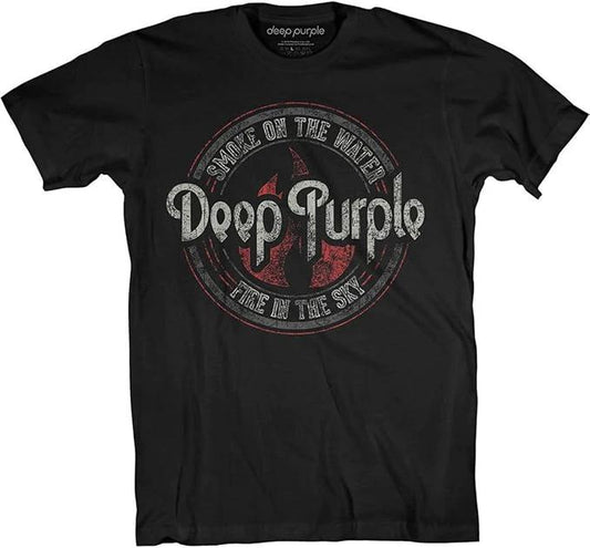 Black t-shirt with Deep Purple band logo and text on a white background