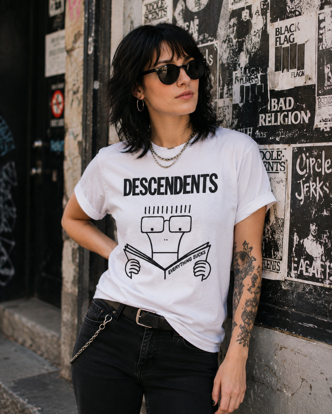 Female model wearing white Descendents Everything Sucks punk band t-shirt in urban punk street setting with graffiti wall and underground music posters.