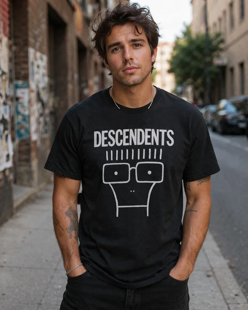 Descendents Milo logo black t shirt worn by male model street style officially licensed punk band tee