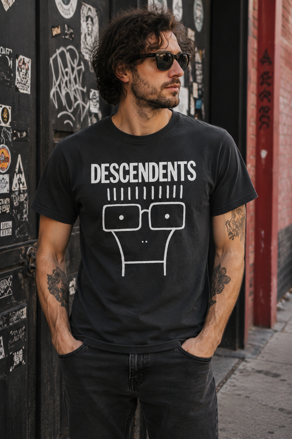Male model wearing Descendents Milo punk rock T-Shirt in an urban streetwear setting featuring the iconic Milo character design and classic punk band style