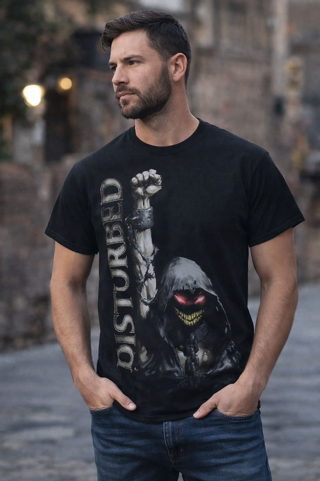 Disturbed The Guy t shirt worn by male model featuring official heavy metal band graphic tee in casual street style