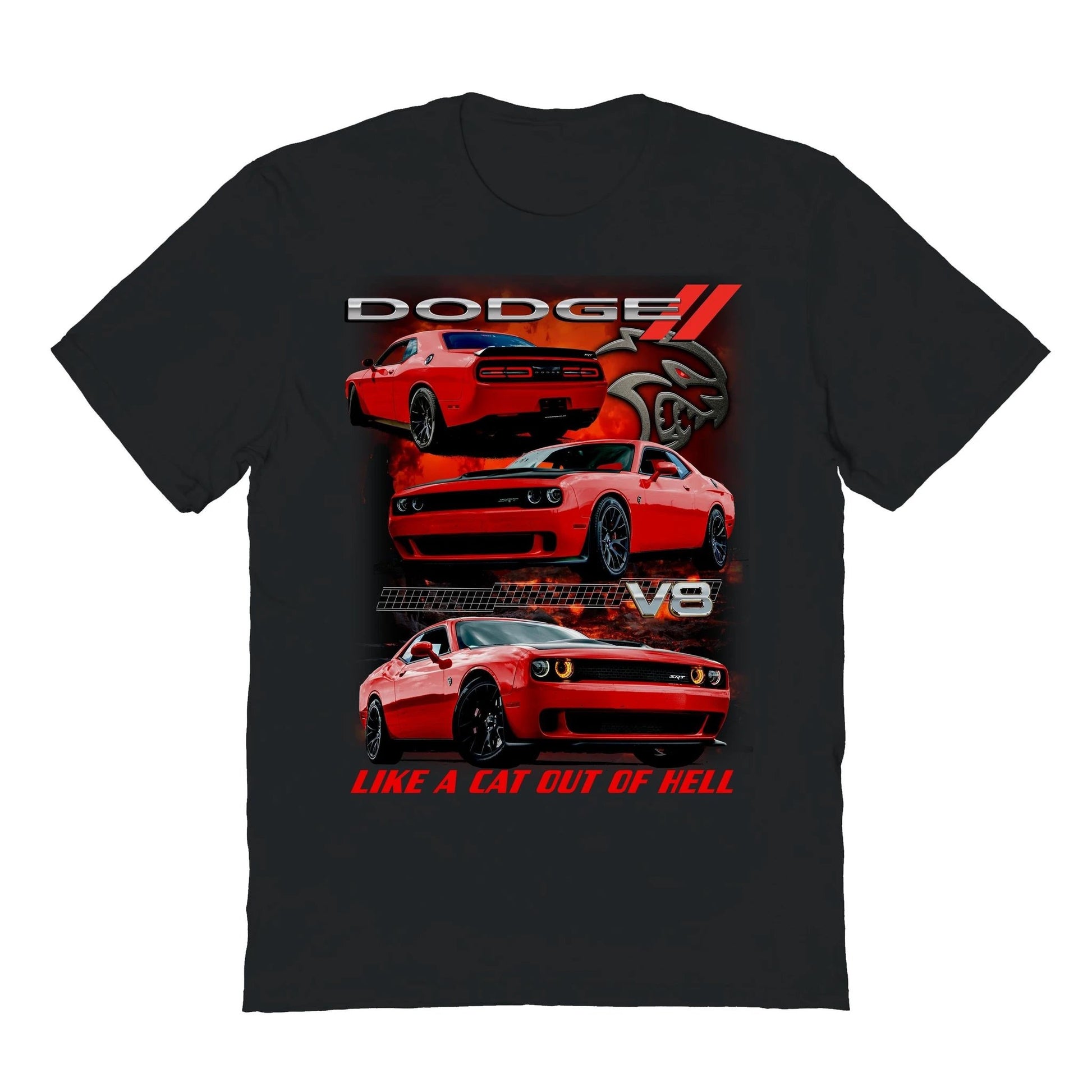 Dodge Challenger Hellcat V8 graphic t-shirt featuring red muscle car artwork, Hellcat logo, and Like a Cat Out of Hell slogan on a black shirt