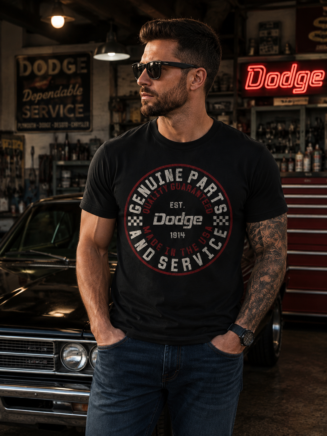 Male model wearing a Dodge Genuine Parts and Service graphic t-shirt standing inside a vintage automotive garage with classic Dodge signage and muscle car backdrop