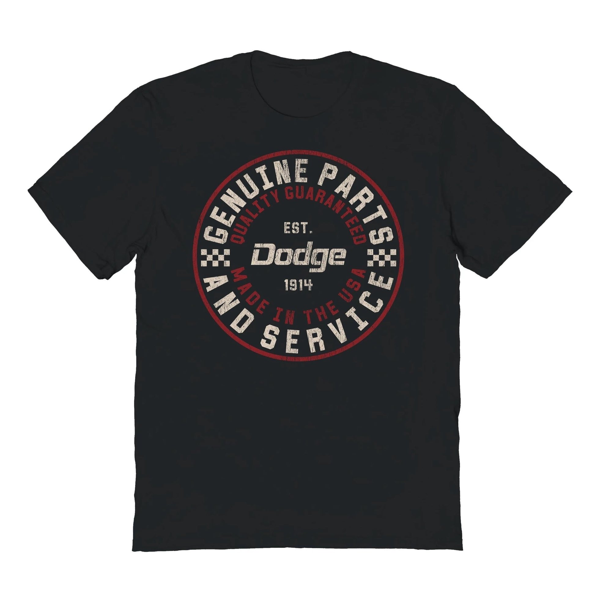 Dodge Genuine Parts and Service graphic t-shirt featuring vintage Dodge logo artwork and distressed automotive service design on a black shirt
