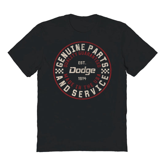 Dodge Genuine Parts and Service graphic t-shirt featuring vintage Dodge logo artwork and distressed automotive service design on a black shirt