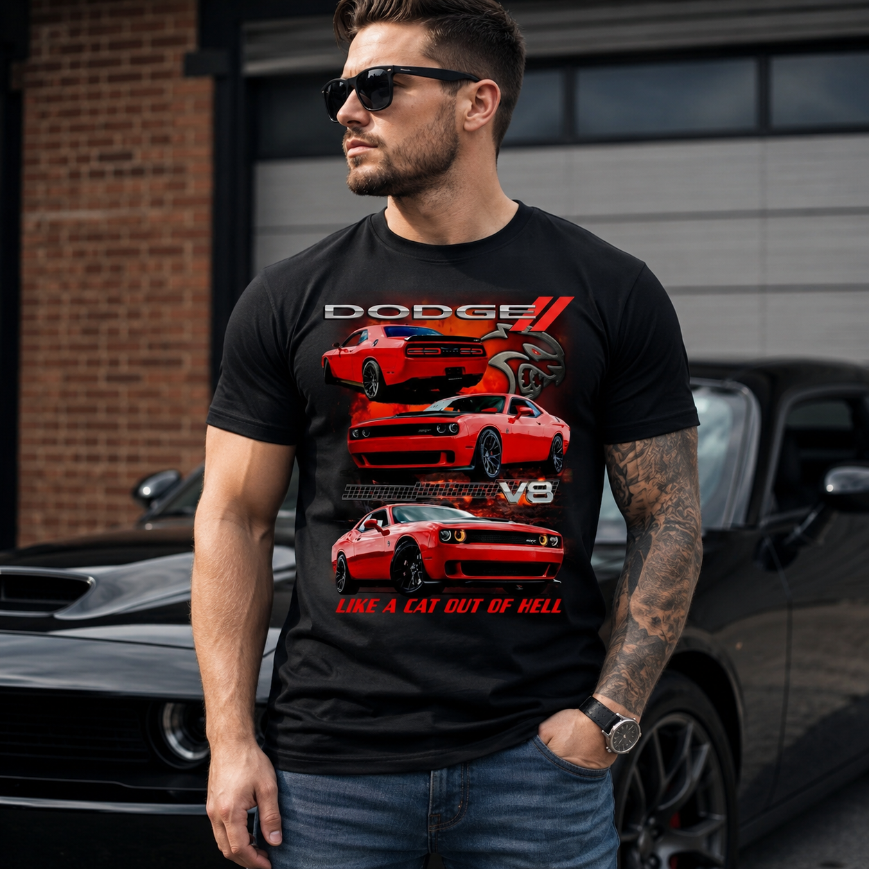 Male model wearing a Dodge Hellcat muscle car graphic t-shirt standing in front of a black muscle car outside a garage with an automotive lifestyle setting