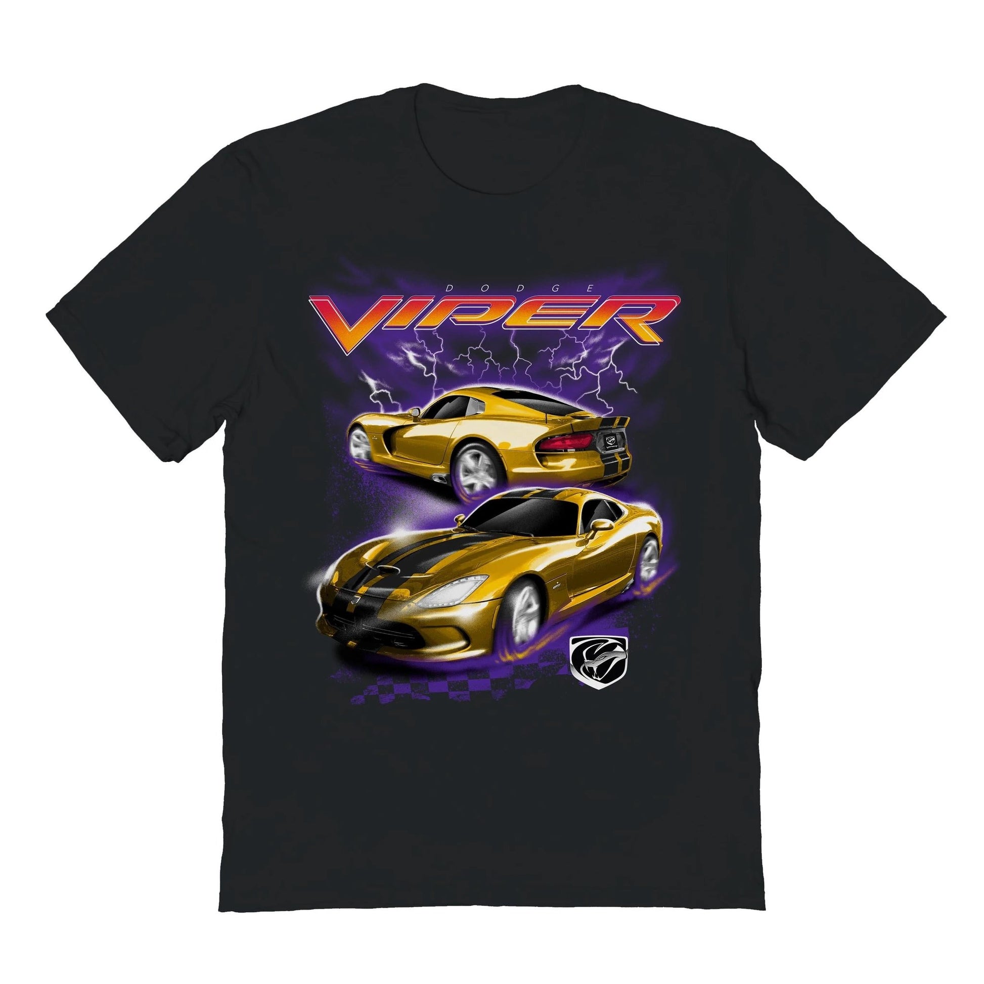 Dodge Viper Storm graphic t-shirt featuring gold Dodge Viper sports cars with lightning artwork on a black shirt
