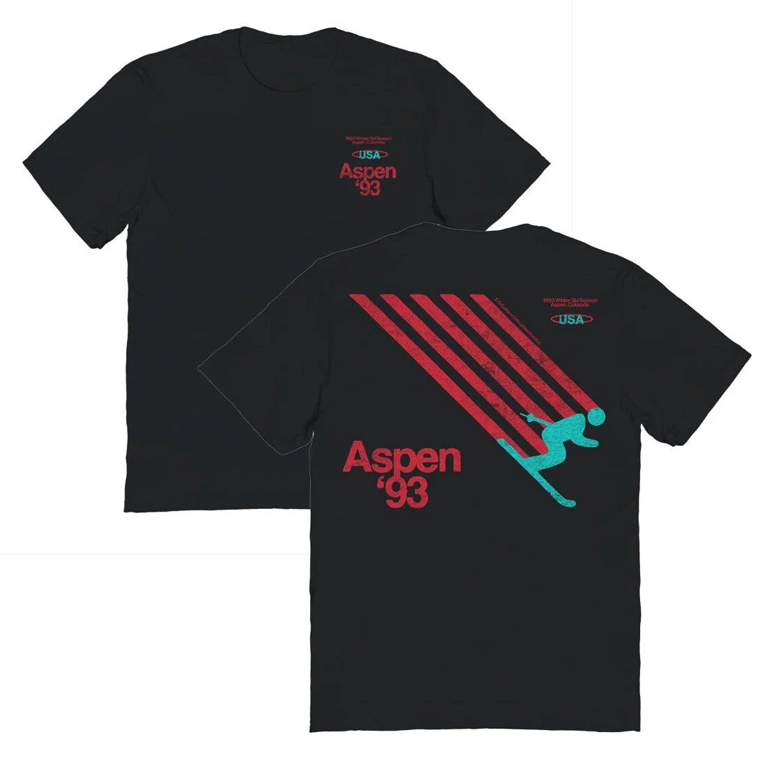 Ski Aspen '93 Front and Back Print Black T-Shirt by HandyShopping4U2