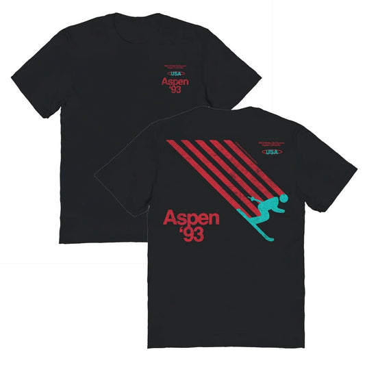 Ski Aspen '93 Front and Back Print Black T-Shirt by HandyShopping4U2
