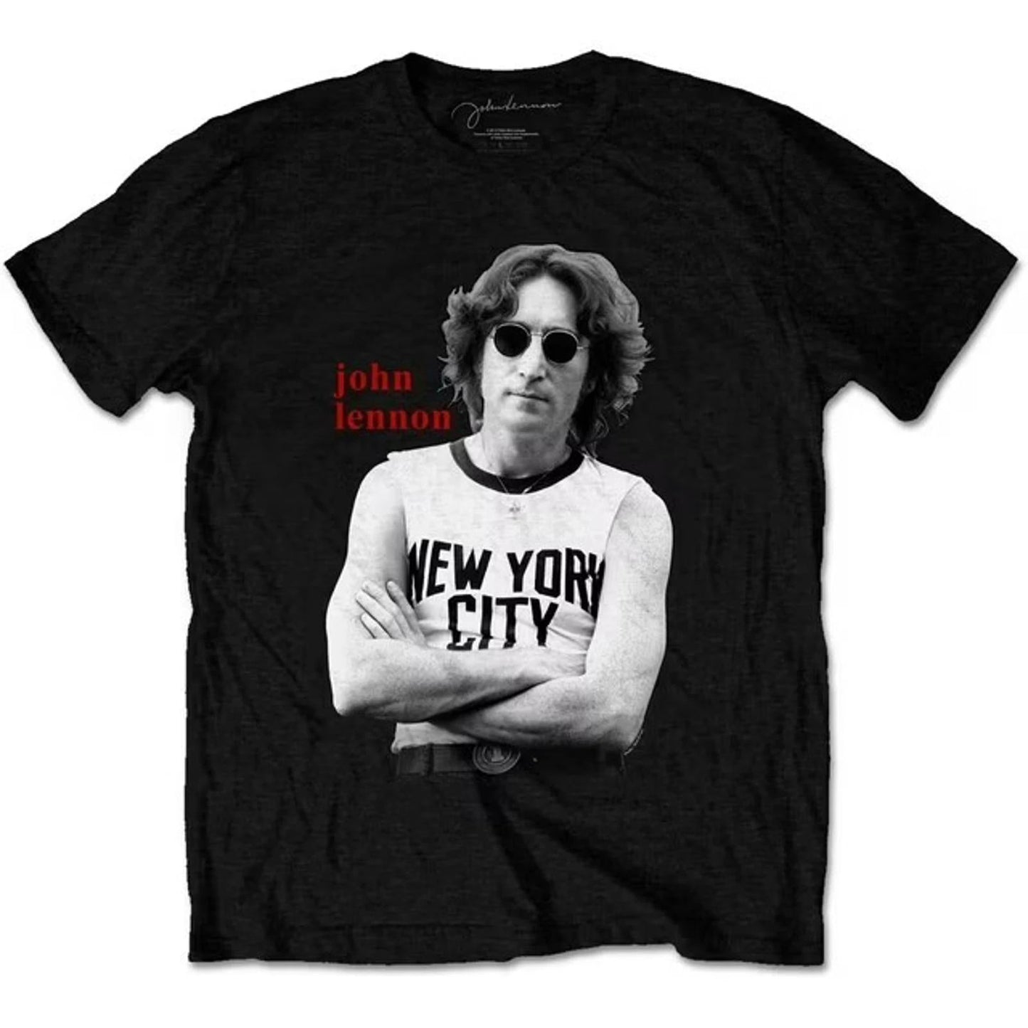 Black t-shirt with a graphic of John Lennon wearing sunglasses and 'New York City' shirt, with 'John Lennon' branding.