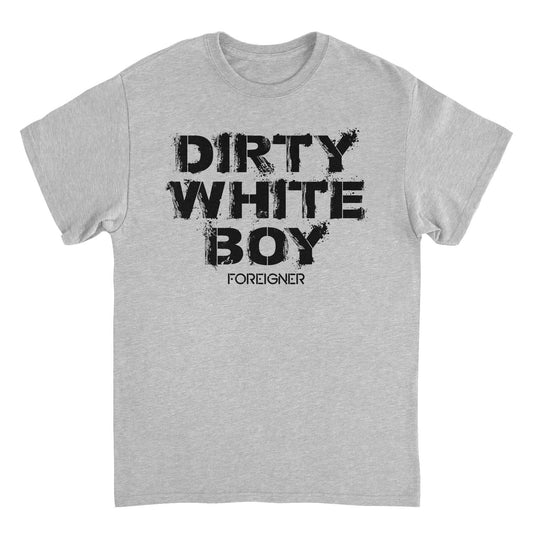 Foreigner Dirty White Boy t-shirt in sport grey with bold classic rock band text graphic design