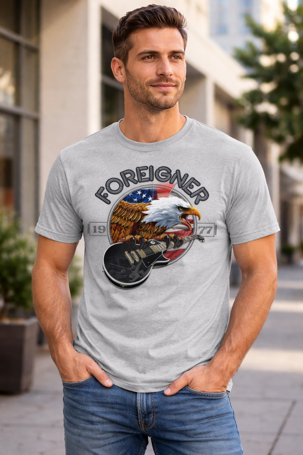 male model wearing Foreigner eagle 2022 vintage rock band t shirt grey guitar graphic lifestyle image