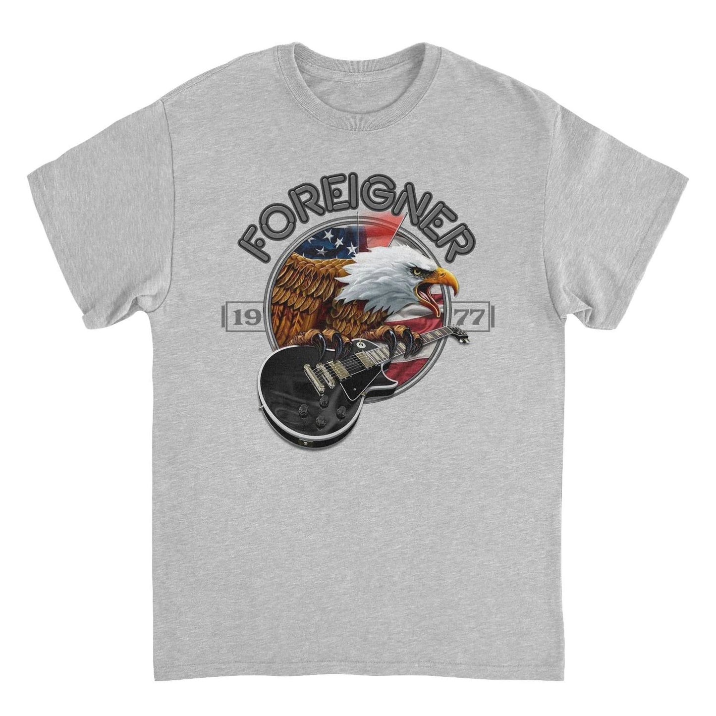 Foreigner eagle 2022 vintage rock band t shirt grey guitar graphic with American flag