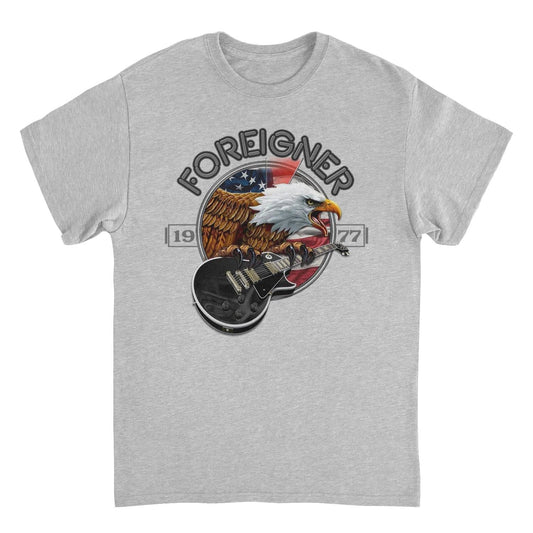 Foreigner eagle 2022 vintage rock band t shirt grey guitar graphic with American flag