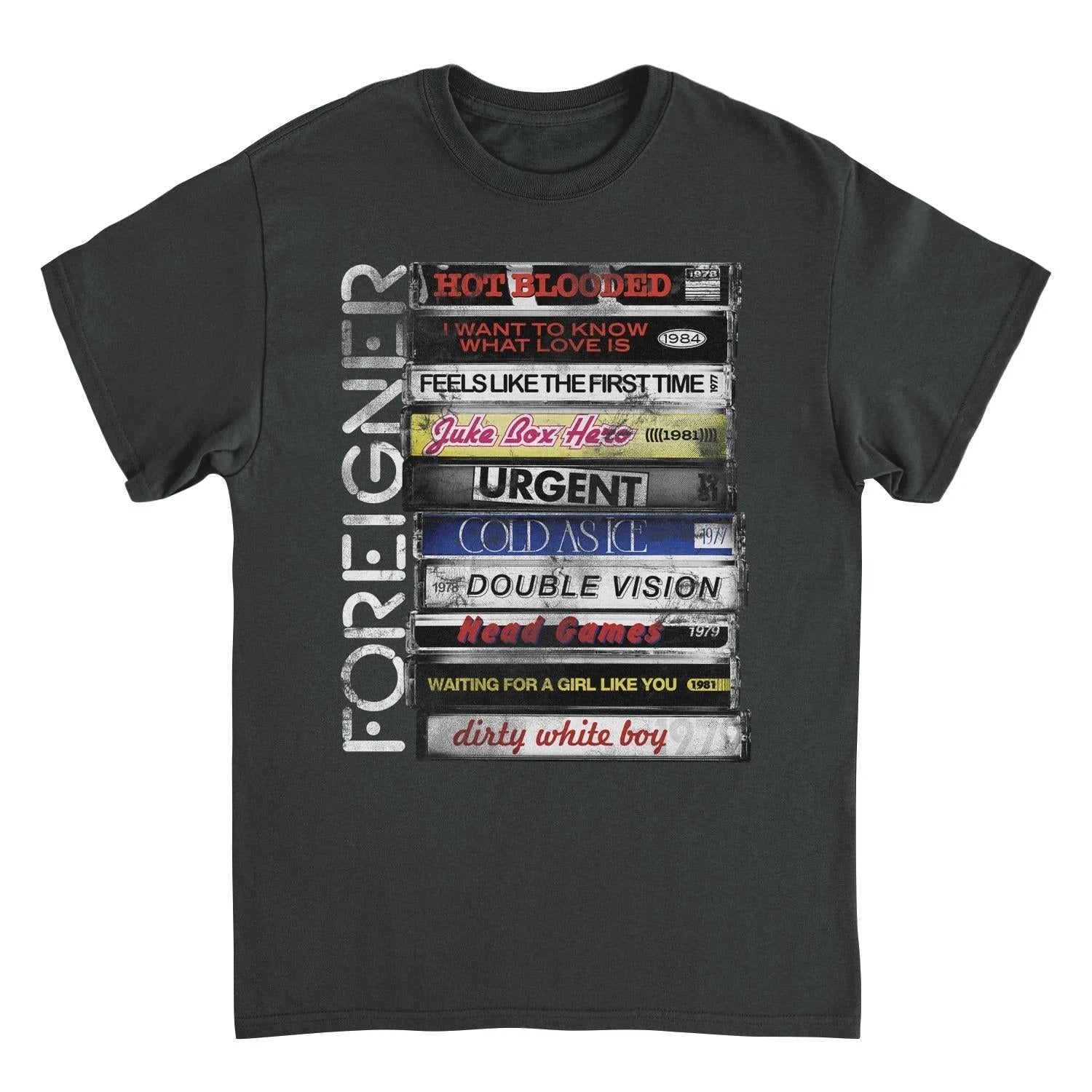 Foreigner Stacked Tapes t-shirt featuring retro cassette design with classic rock songs like Juke Box Hero and Cold as Ice