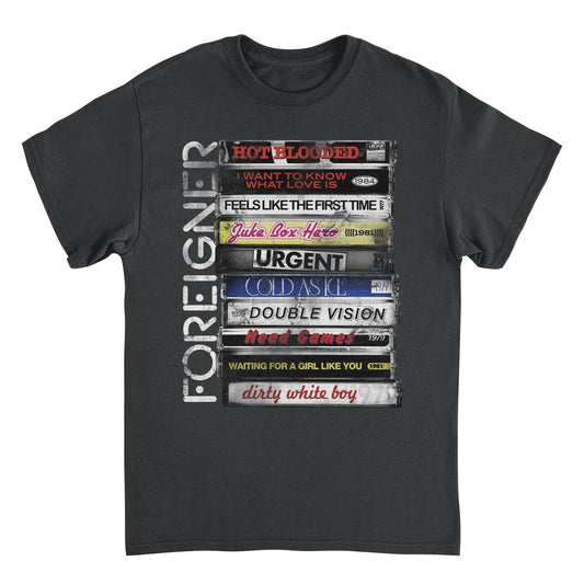 Foreigner Stacked Tapes t-shirt featuring retro cassette design with classic rock songs like Juke Box Hero and Cold as Ice