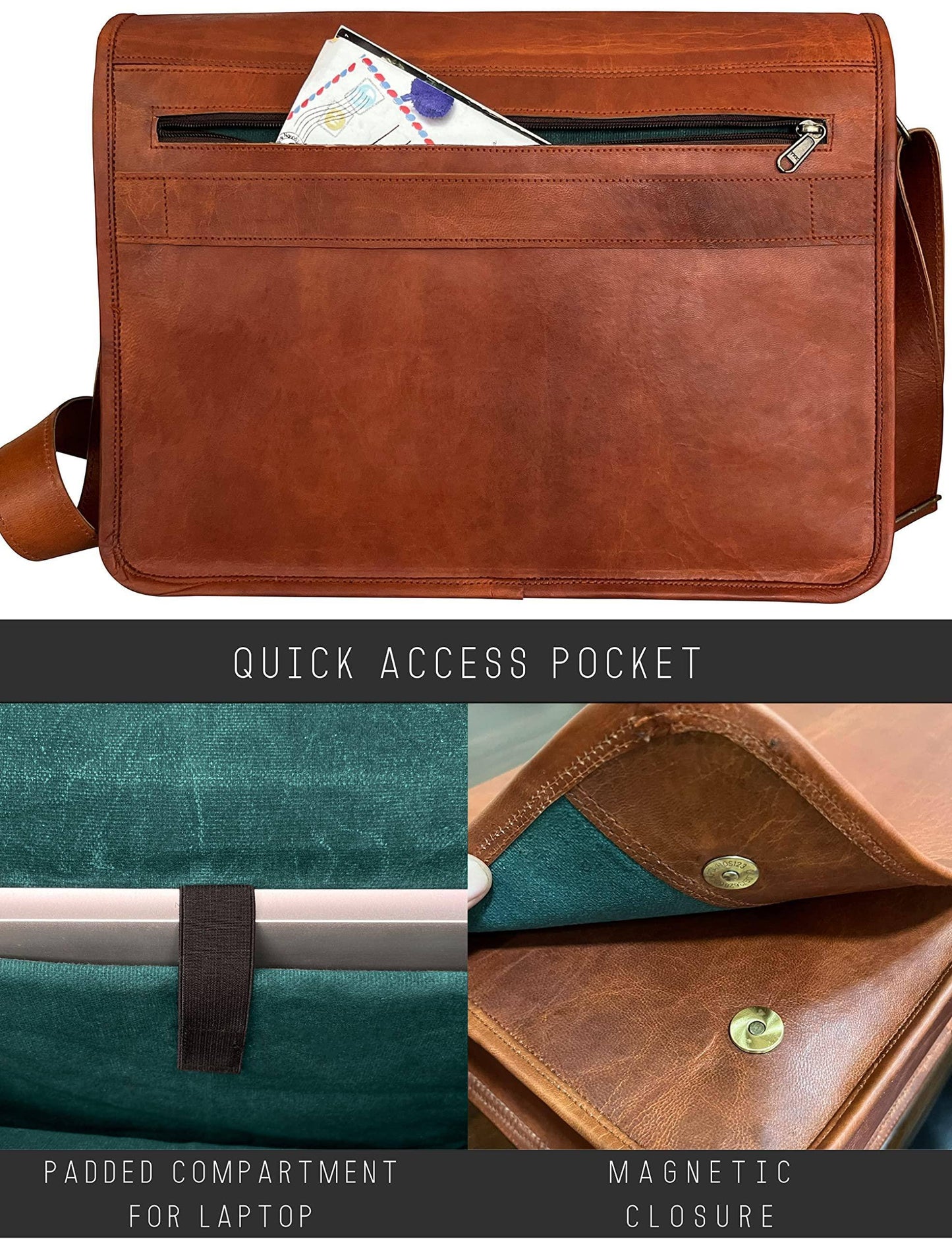 Genuine Leather Crossbody Messenger Bag – Full-Grain Goat Leather 15.6″ Laptop Satchel
