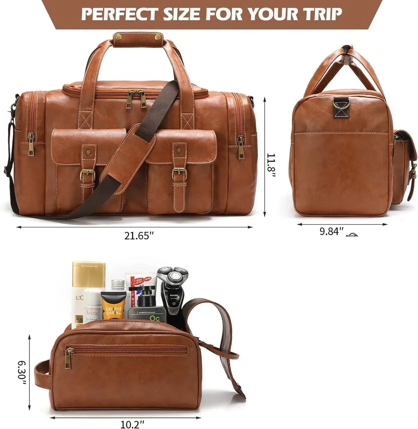 Leather Travel Set – 3-Piece PU Leather Duffel, Toiletry & Laundry Bag
