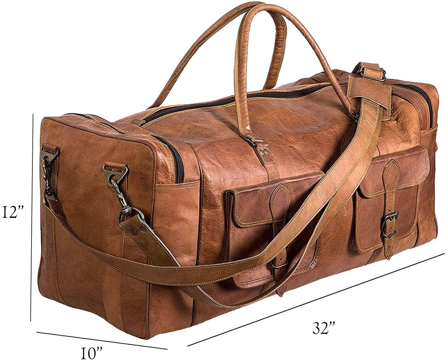 Full Grain Leather Duffel Bag – 32″ Handcrafted Weekender with Canvas Lining
