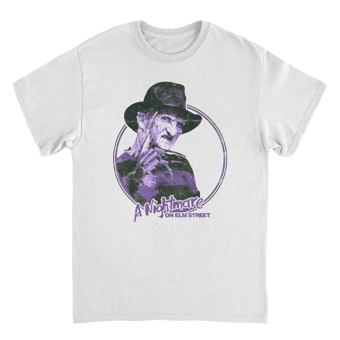 Purple Freddy Krueger Nightmare on Elm Street graphic on white t-shirt featuring classic horror movie villain design