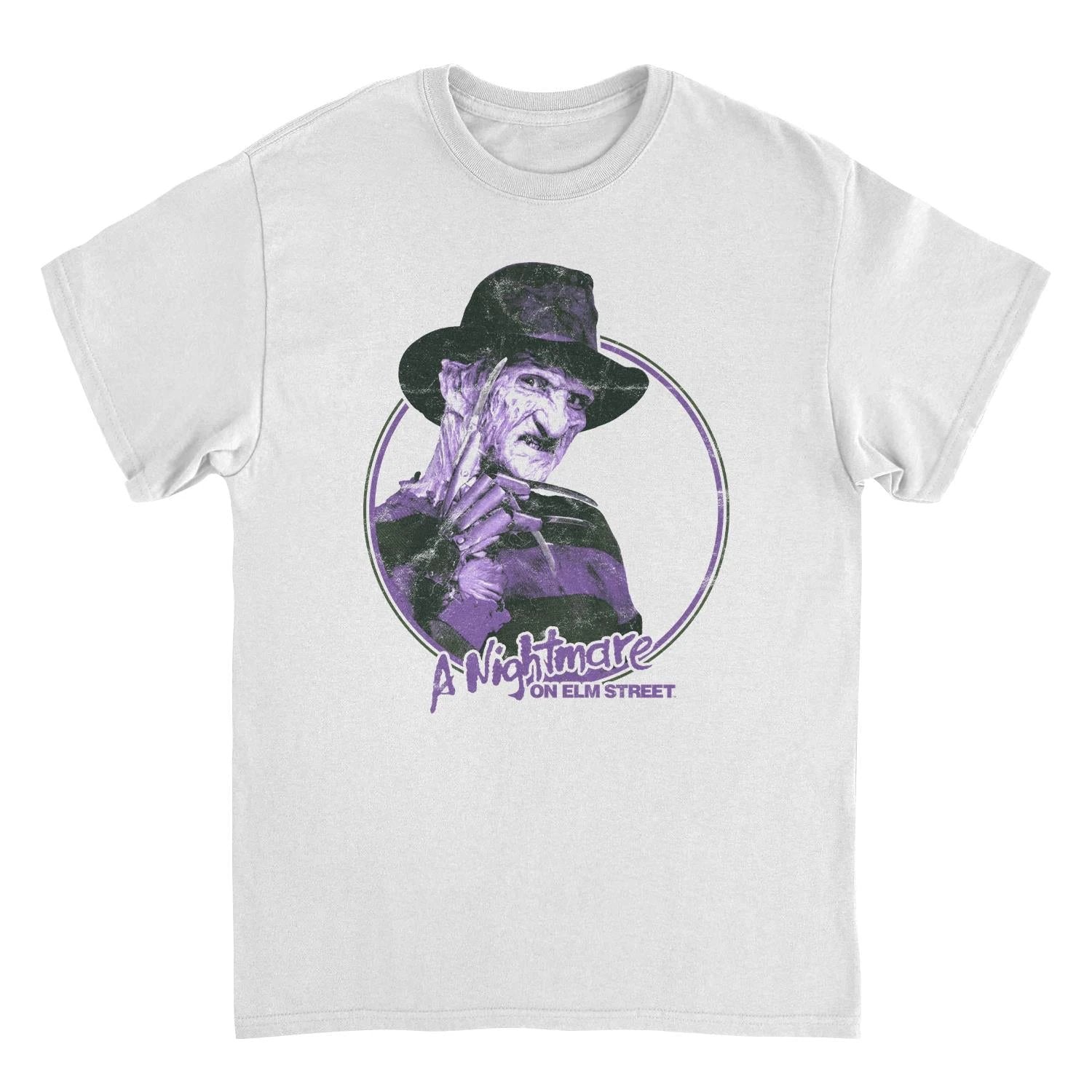 Purple Freddy Krueger Nightmare on Elm Street graphic on white t-shirt featuring classic horror movie villain design