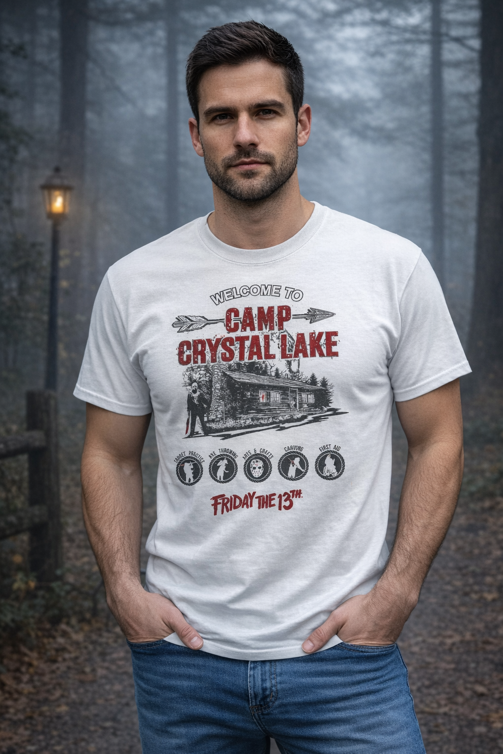 male model wearing Friday the 13th Camp Crystal Lake white t shirt horror movie graphic tee facing camera