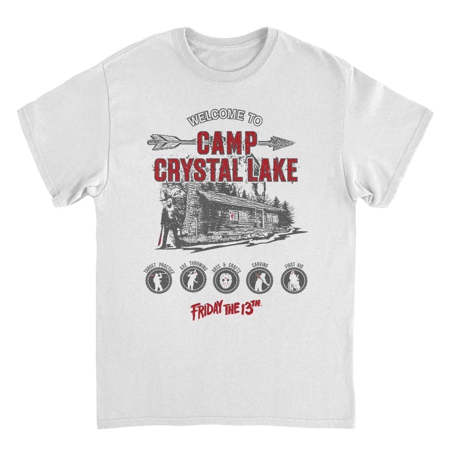 Friday the 13th Camp Crystal Lake white t shirt horror movie graphic tee Jason Voorhees camp design