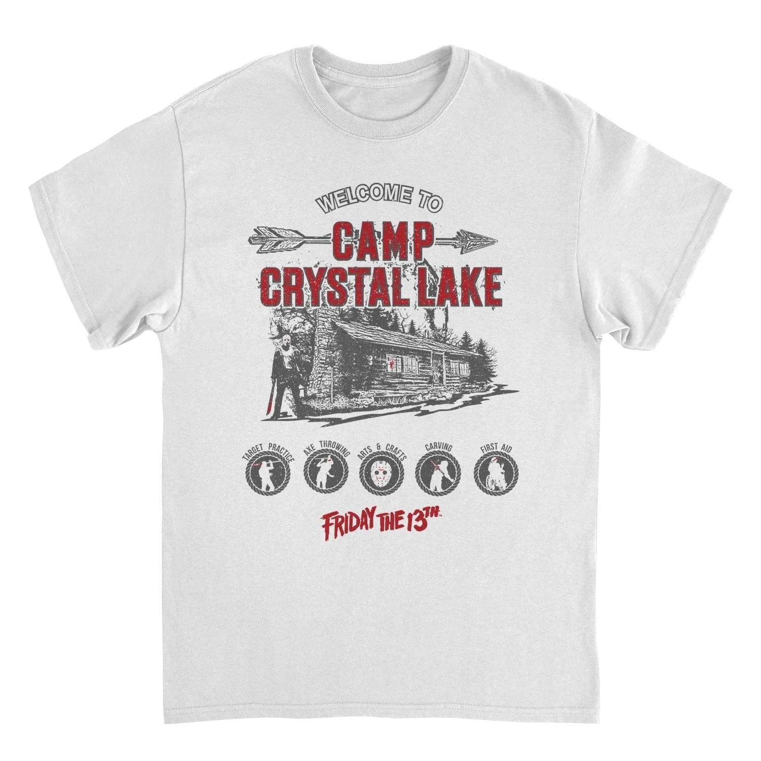 Friday the 13th Camp Crystal Lake white t shirt horror movie graphic tee Jason Voorhees camp design