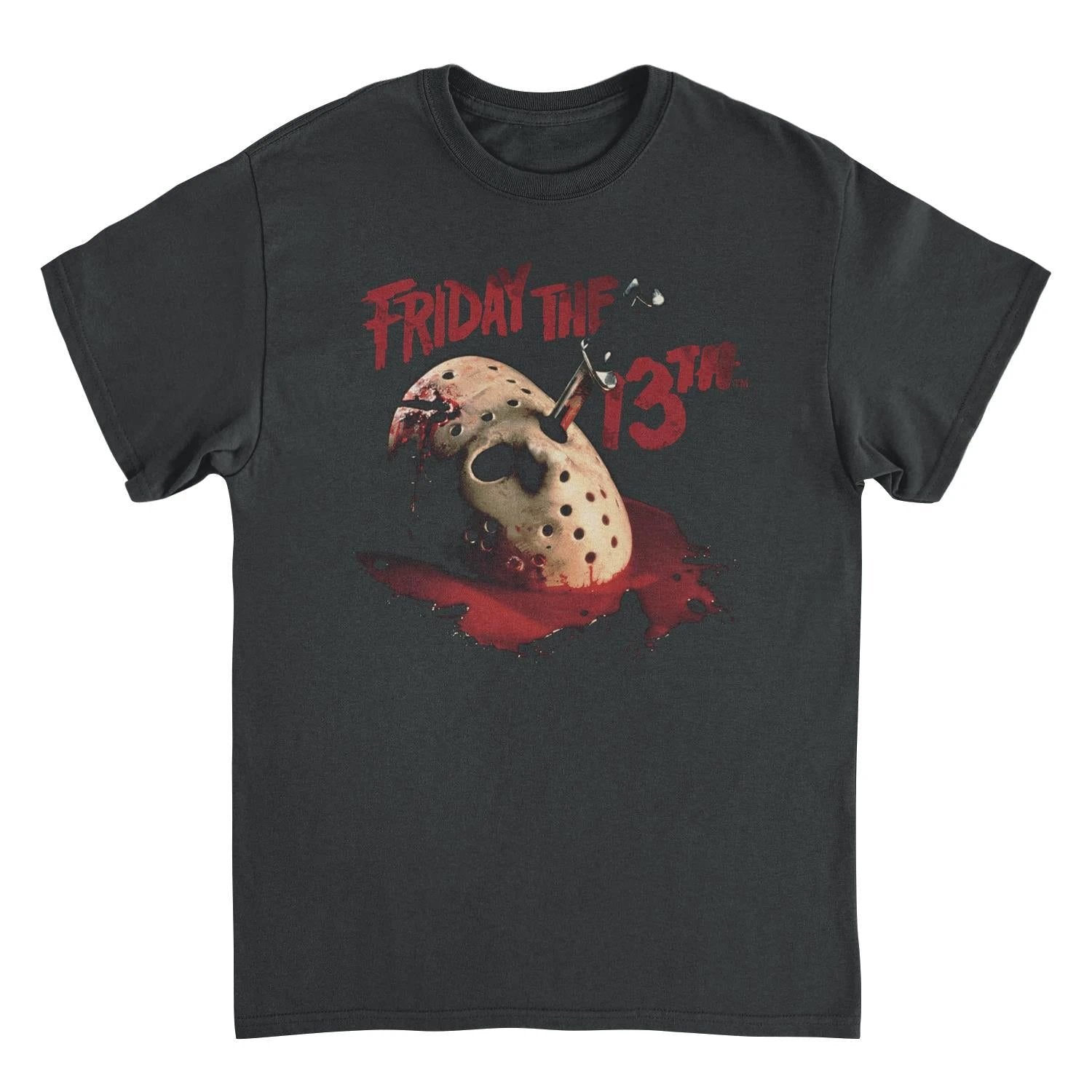 Friday the 13th Jason Voorhees mask black t shirt with blood design horror movie graphic tee