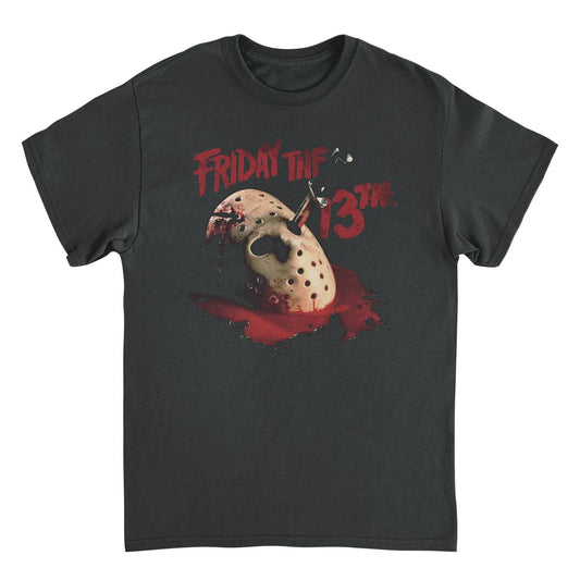 Friday the 13th Jason Voorhees mask black t shirt with blood design horror movie graphic tee