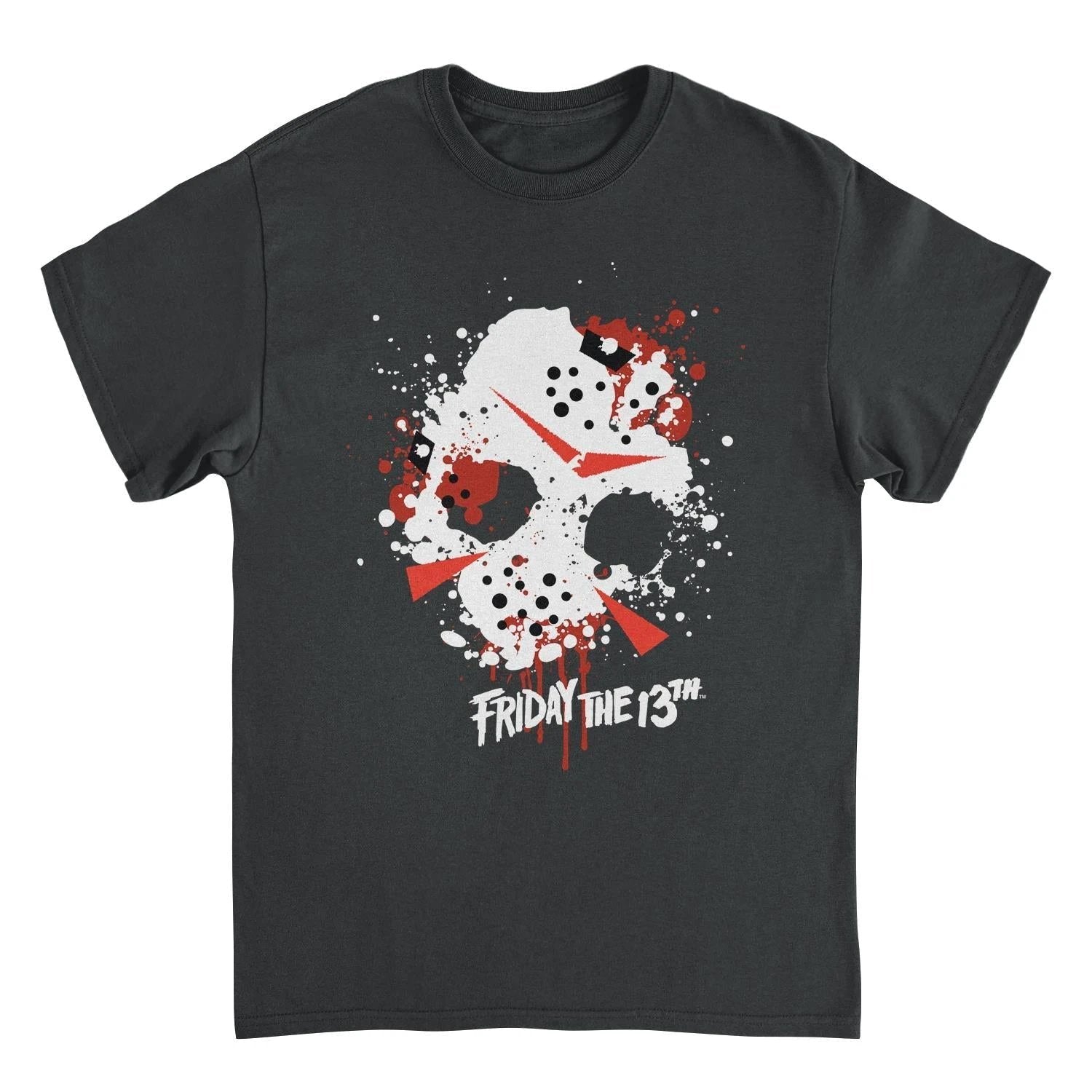 Friday the 13th Jason Voorhees hockey mask splatter black t shirt horror movie graphic tee front design