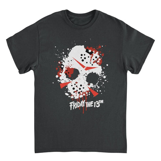 Friday the 13th Jason Voorhees hockey mask splatter black t shirt horror movie graphic tee front design