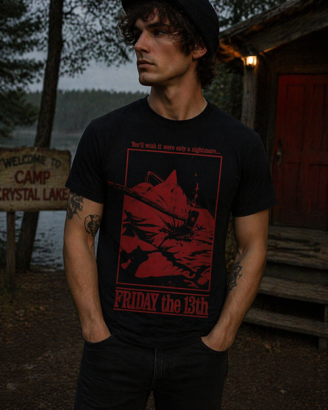 male model wearing Friday the 13th Jason Voorhees black t shirt at Camp Crystal Lake horror scene