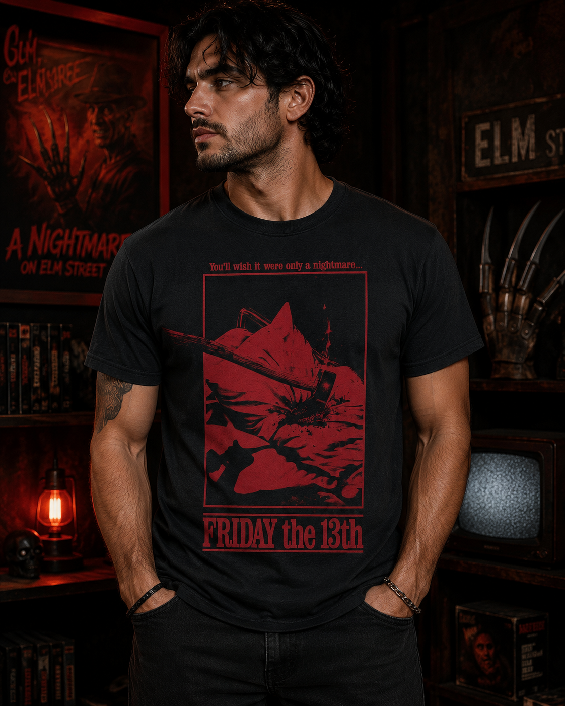 Male model wearing a Friday the 13th poster black t-shirt with red horror movie artwork in a dark retro horror room.