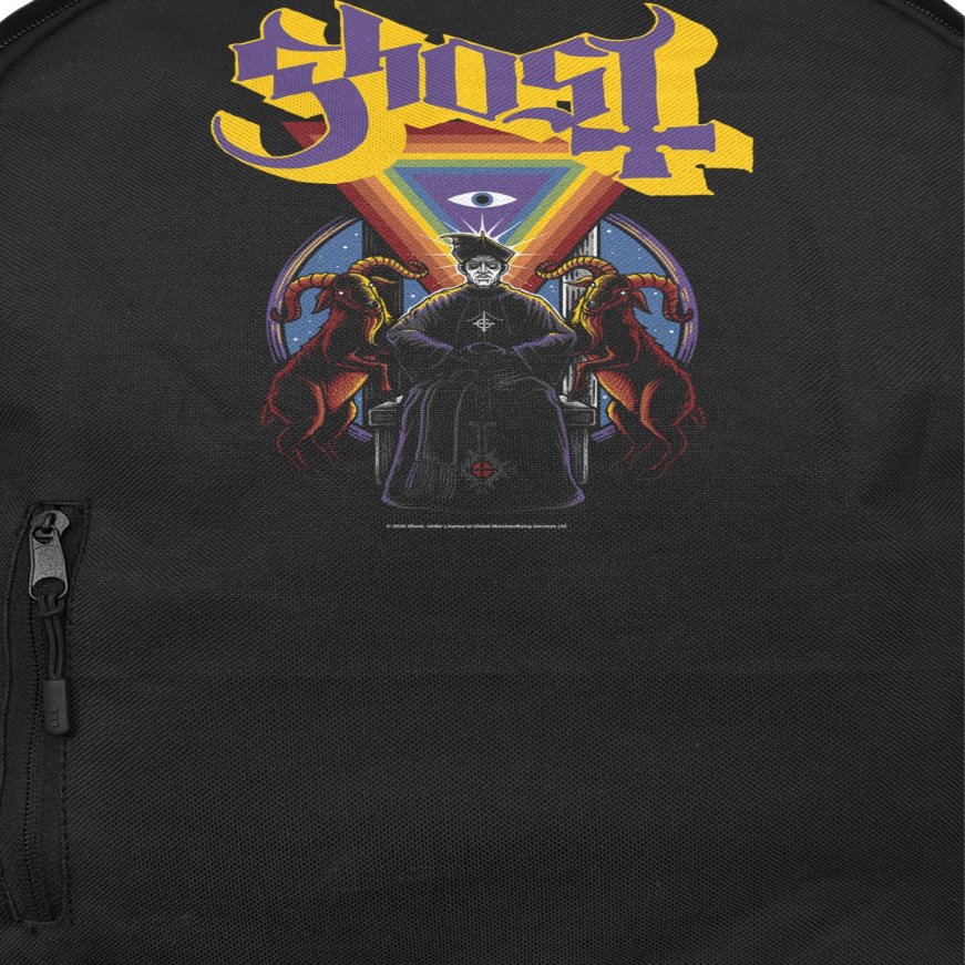 Close-up of Ghost Alchemist backpack showing symbolic artwork and logo detail