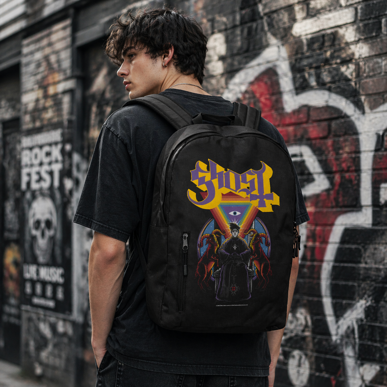 Male model wearing Ghost Alchemist backpack with symbolic artwork in urban street setting