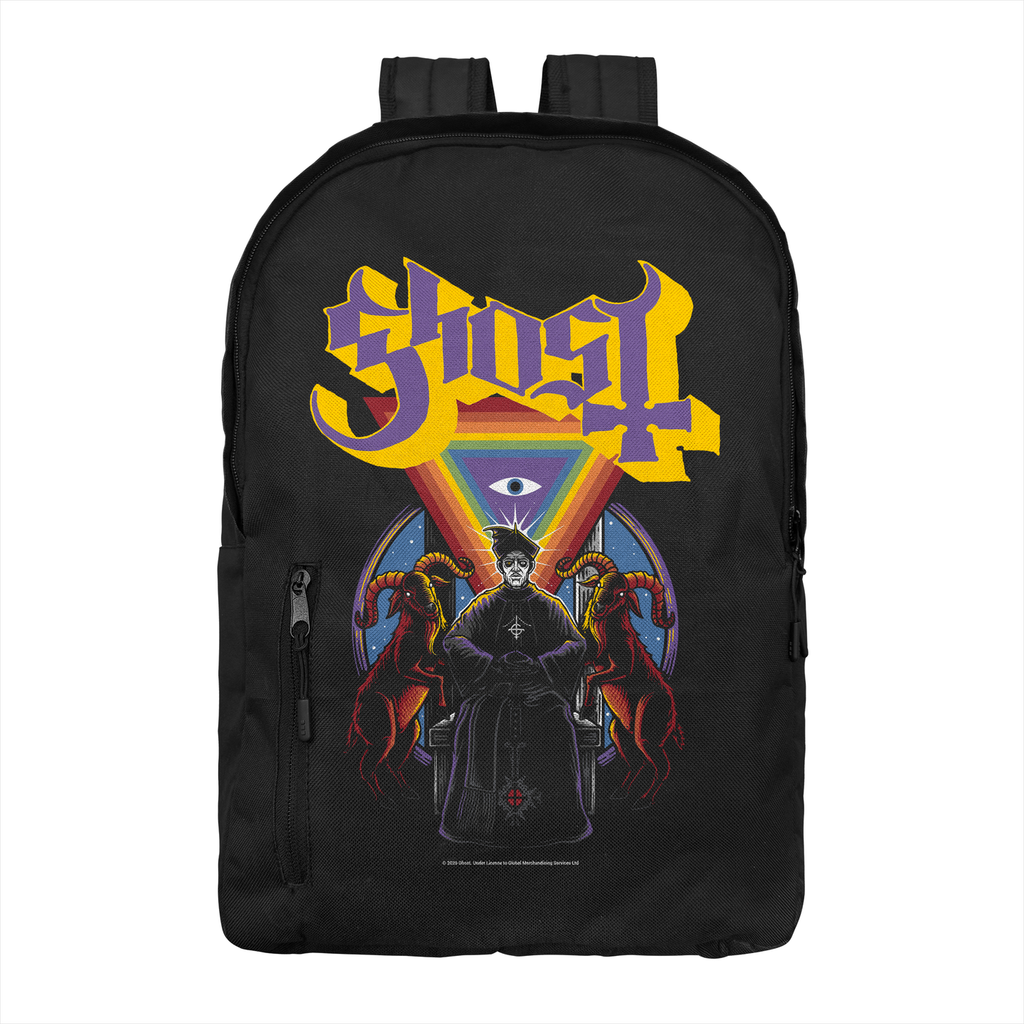 Ghost Alchemist backpack with symbolic gothic artwork and band logo on black background